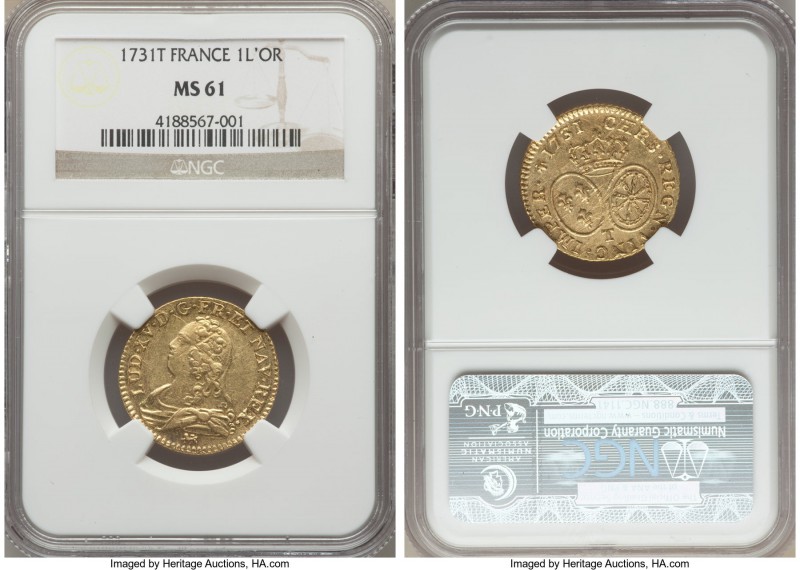 Louis XV gold Louis d'Or 1731-T MS61 NGC, Nantes mint, KM489.20. While visible, ...