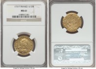 Louis XV gold Louis d'Or 1731-T MS61 NGC, Nantes mint, KM489.20. While visible, adjustment marks are veritably contained and minimally obtrusive, with...