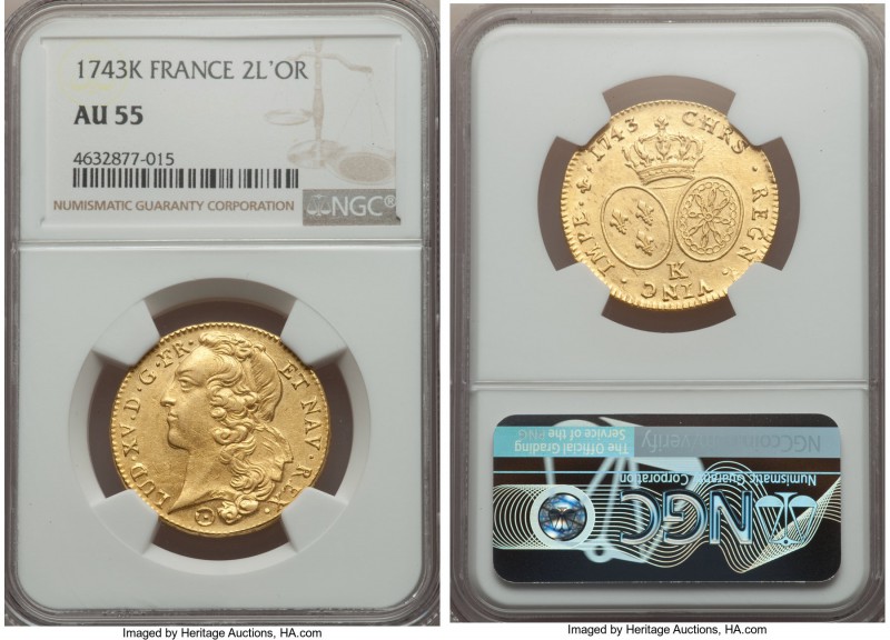 Louis XV gold 2 Louis d'Or 1743-K AU55 NGC, Bordeaux mint, cf. KM519.9 (unlisted...