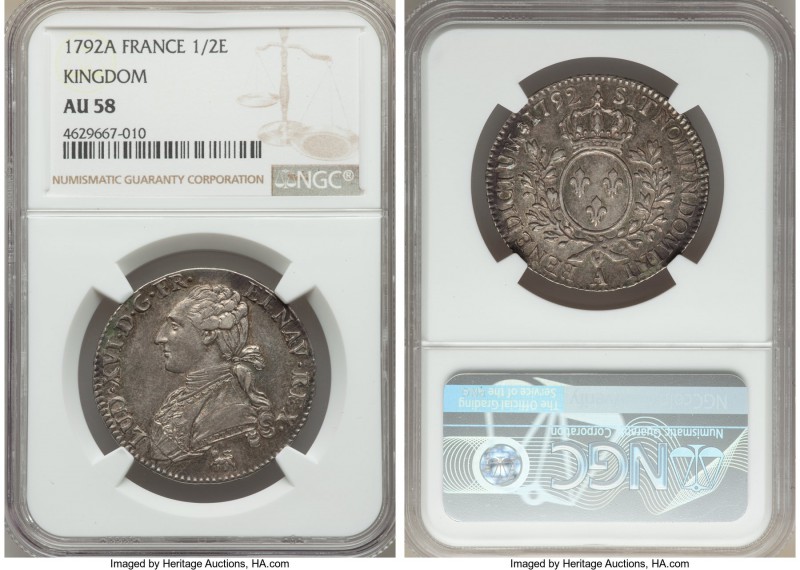 Louis XVI 1/2 Ecu 1792-A AU58 NGC, Paris mint, KM562.1. A lightly toned issue di...