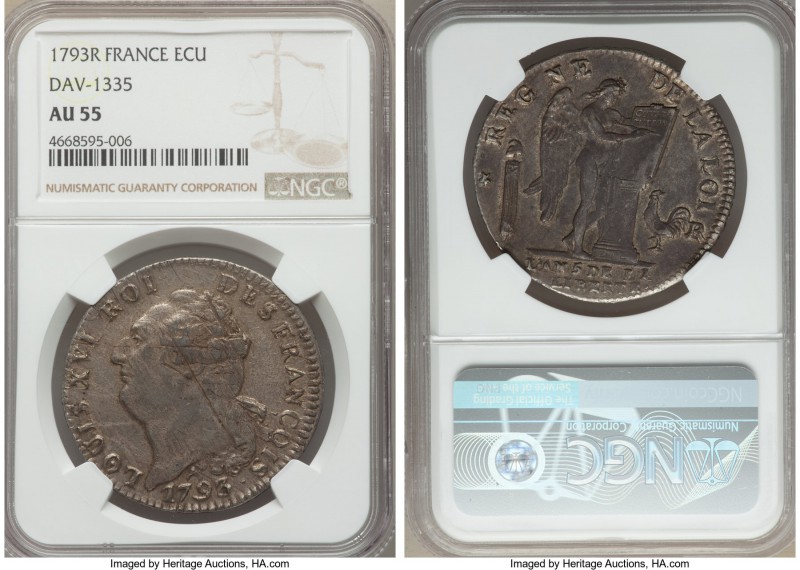 Louis XVI Ecu L'An 5 (1793)-R AU55 NGC, Orleans mint, KM615.12, Dav-1335. The la...