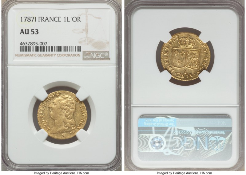 Louis XVI gold Louis d'Or 1787-I AU53 NGC, Limoges mint, KM591.7. A much lesser-...