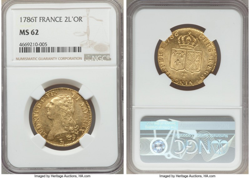 Louis XVI gold 2 Louis d'Or 1786-T MS62 NGC, Nantes mint, KM592.14. Minimal stri...