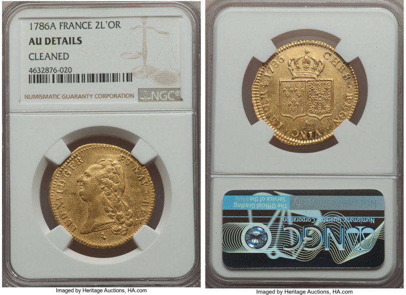 Louis XVI gold 2 Louis d'Or 1786-A AU Details (Cleaned) NGC, Paris mint, KM592.1...