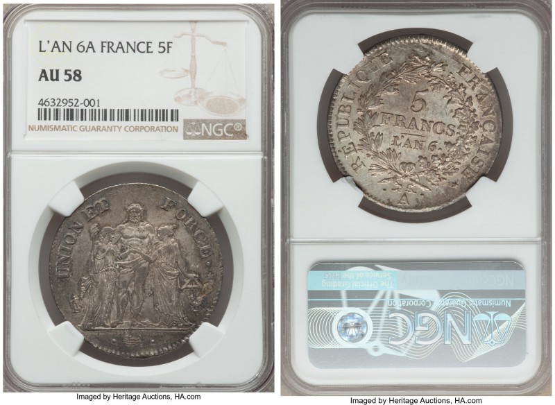 "Republic" 5 Francs L'An 6 (1797/8)-A AU58 NGC, Paris mint, KM639.1. A much-desi...