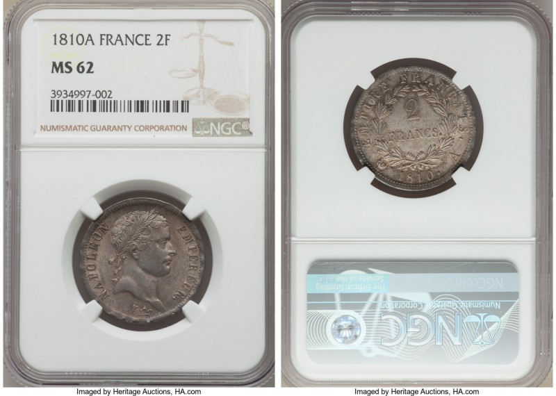 Napoleon 2 Francs 1810-A MS62 NGC, Paris mint, KM693.1. A rare, rather late emis...