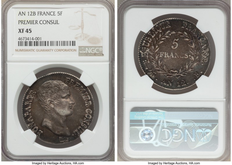 Napoleon 5 Francs L'An 12 (1803/4)-B XF45 NGC, Rouen mint, KM659.2. Mintage: 34,...