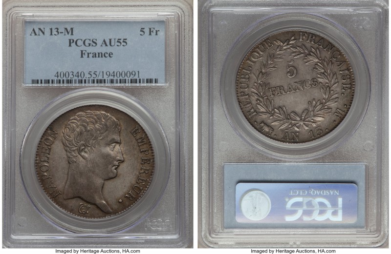 Napoleon 5 Francs L'An 13 (1804/5)-M AU55 PCGS, Toulouse mint, KM662.1. Noticeab...