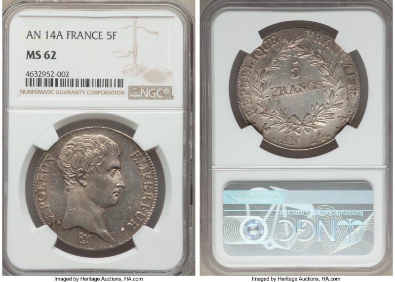 Napoleon 5 Francs L'An 14 (1805/6)-A MS62 NGC, Paris mint, KM662.1. A fine repre...