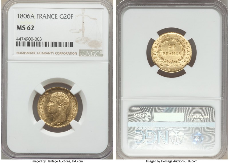 Napoleon gold 20 Francs 1806-A MS62 NGC, Paris mint, KM674.1. Presenting clear c...