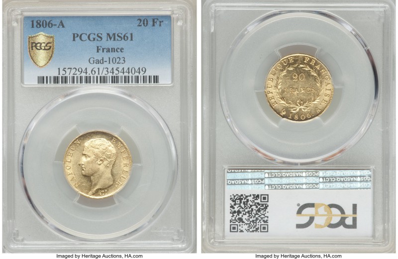 Napoleon gold 20 Francs 1806-A MS61 PCGS, Paris mint, KM674.1, Gad-1023. A great...
