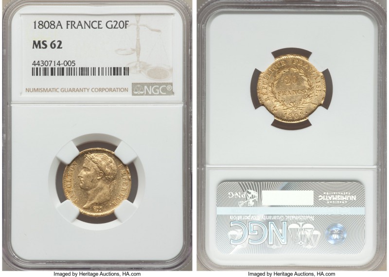 Napoleon gold 20 Francs 1808-A MS62 NGC, Paris mint, KM687.1. Crisp and true, so...