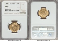 Napoleon gold 20 Francs 1808-A MS62 NGC, Paris mint, KM687.1. Crisp and true, some minuscule adjustment details at the rim though quite pleasing on th...