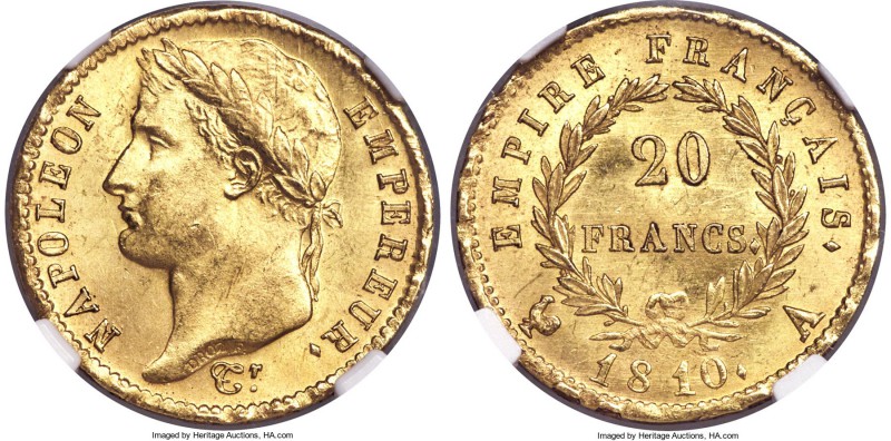 Napoleon gold 20 Francs 1810-A MS64 NGC, Paris mint, KM695.1. A little unevennes...
