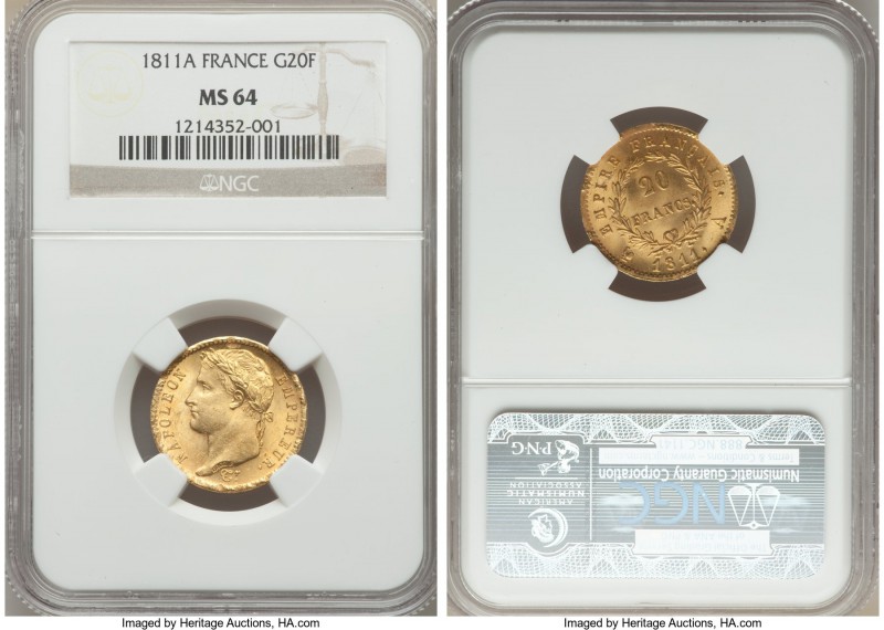 Napoleon gold 20 Francs 1811-A MS64 NGC, Paris mint, KM695.1. Difficult to acqui...