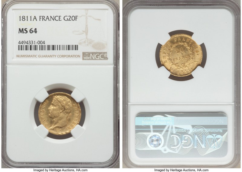 Napoleon gold 20 Francs 1811-A MS64 NGC, Paris mint, KM695.1. A remarkably prese...