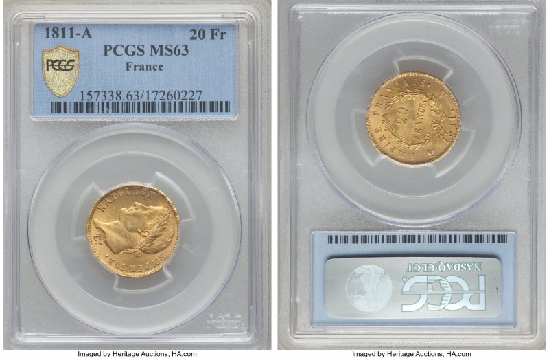 Napoleon gold 20 Francs 1811-A MS63 PCGS, Paris mint, KM695.1. Lesser-seen choic...