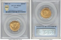 Napoleon gold 20 Francs 1811-A MS63 PCGS, Paris mint, KM695.1. Lesser-seen choice quality for this usually at least lightly circulated type, the strik...