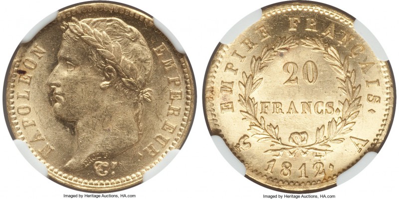 Napoleon gold 20 Francs 1812-A MS63 NGC, Paris mint, KM695.1. Sharply detailed w...