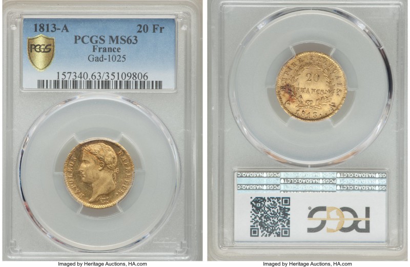 Napoleon gold 20 Francs 1813-A MS63 PCGS, Paris mint, KM695.1, Gad-1025. Conditi...