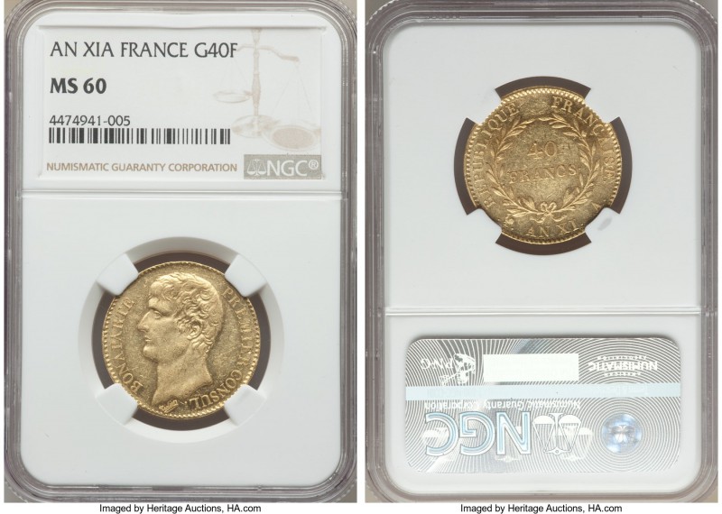 Napoleon gold 40 Francs L'An XI (1802/3)-A MS60 NGC, Paris mint, KM652. A notori...