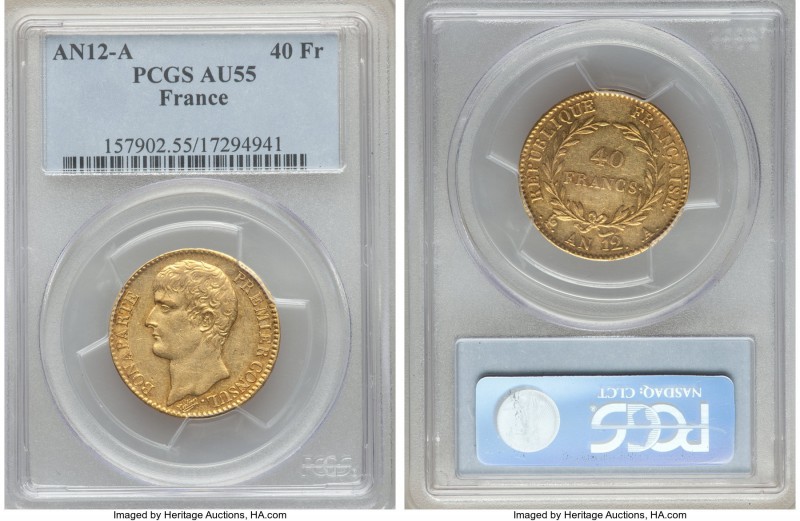 Napoleon gold 40 Francs L'An 12 (1803/4)-A AU55 PCGS, Paris mint, KM652. A glist...