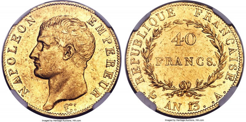 Napoleon gold 40 Francs L'An 13 (1804/5)-A MS61 NGC, Paris mint, KM664.1. A plea...