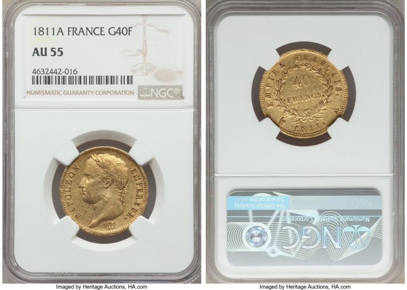 Napoleon gold 40 Francs 1811-A AU55 NGC, Paris mint, KM696.1. Rather minimal wea...