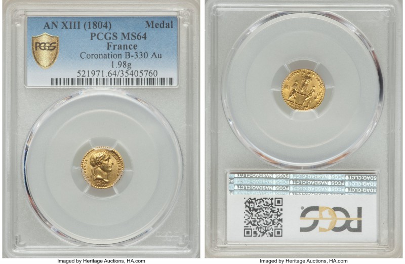 Napoleon gold Coronation Medal L'an XIII (1804) MS64 PCGS, 1.98gm, 13mm, Bramsen...