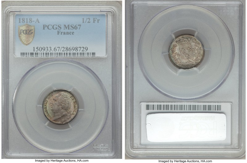 Louis XVIII 1/2 Franc 1818-A MS67 PCGS, Paris mint, KM708.1. Simply stunning--un...