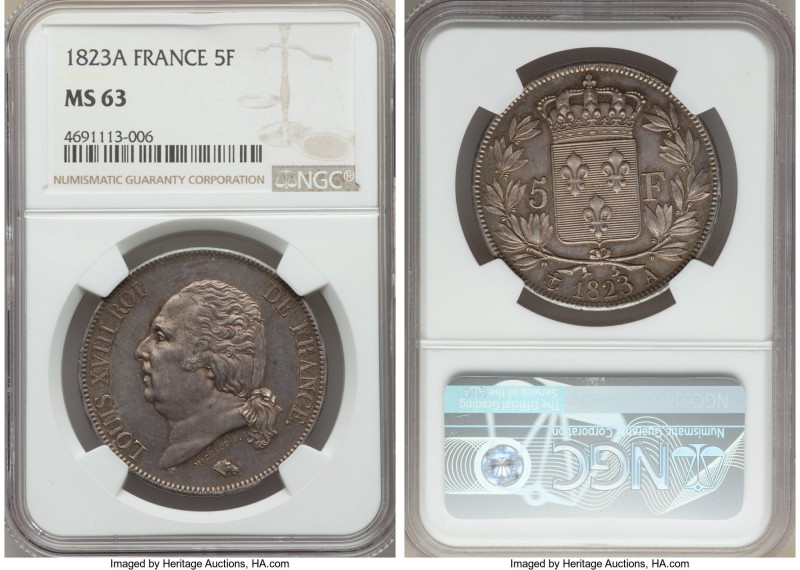 Louis XVIII 5 Francs 1823-A MS63 NGC, Paris mint, KM711.1. A piece radiating plu...