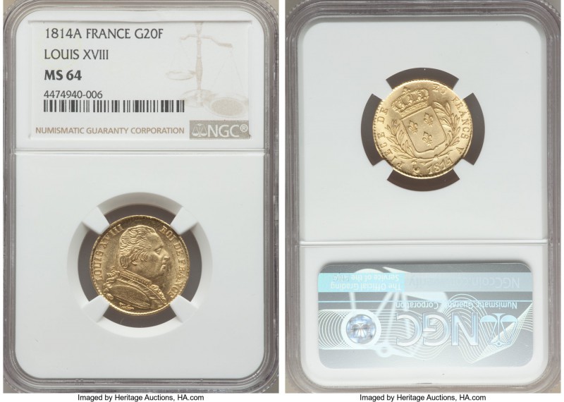 Louis XVIII gold 20 Francs 1814-A MS64 NGC, Paris mint, KM706.1. A virtual gem o...