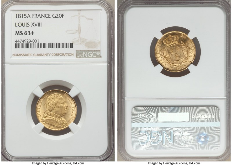 Louis XVIII gold 20 Francs 1815-A MS63+ NGC, Paris mint, KM706.1. An illustrious...