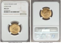 Louis XVIII gold 20 Francs 1815-A MS63+ NGC, Paris mint, KM706.1. An illustrious and historic type that is seldom found so choice, with the reverse fi...