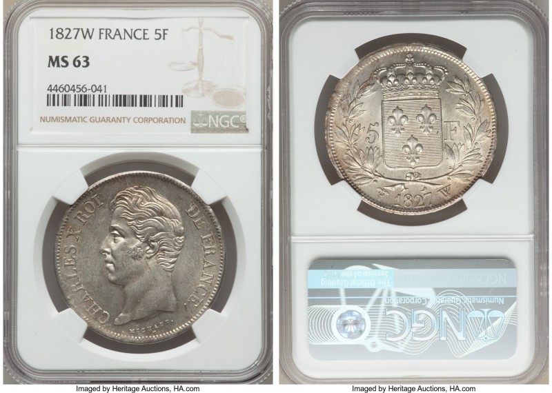 Charles X 5 Francs 1827-W MS63 NGC, Lille mint, KM728.13. Effortlessly choice wi...
