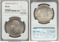 Charles X 5 Francs 1827-W MS63 NGC, Lille mint, KM728.13. Effortlessly choice with a pervasive high relief to the strike, the quality of which is atte...