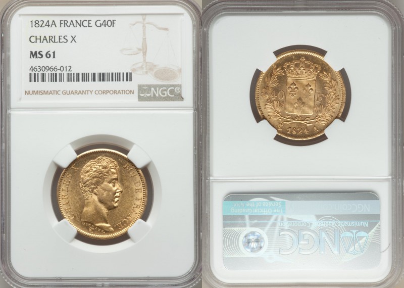 Charles X gold 40 Francs 1824-A MS61 NGC, Paris mint, KM721.1. Golden honey tone...