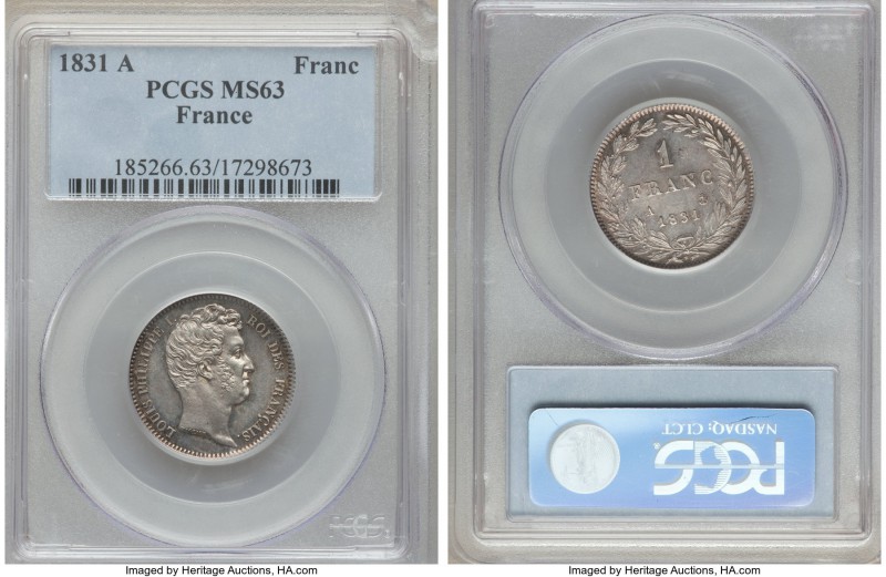 Louis Philippe I Franc 1831-A MS63 PCGS, Paris mint, KM742.1. An ideal represent...