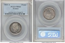 Louis Philippe I Franc 1831-A MS63 PCGS, Paris mint, KM742.1. An ideal representative of this singular issue expertly struck on a champagne tinged fla...