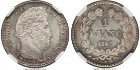 Louis Philippe I Franc 1847-A MS66 NGC, Paris mint, KM748.1. Phenomenal eye appeal for a type rarely encountered so undeniably gem, among one of just ...