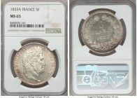 Louis Philippe I 5 Francs 1833-A MS65 NGC, Paris mint, KM749.1. The finest certified example at NGC by a full 2 grade points, an aura of silky white l...