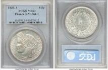 Republic "Ceres" 5 Francs 1849-A MS64 PCGS, Paris mint, KM761.1. A delightful crown-sized issue, a radiant icy white in appearance with markedly gem-l...