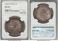 Republic 5 Francs 1850-A MS64+ NGC, Paris mint, KM761.1, Gad-719. A superb near-gem with sharp features and a rich, slightly iridescent plum tone grac...