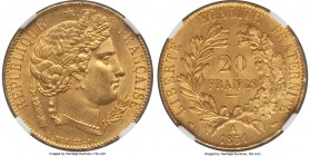 Republic gold 20 Francs 1851-A MS65 NGC, Paris mint, KM762. Sun-yellow in the fields with superbly strong details and clean fields deserving of its ge...