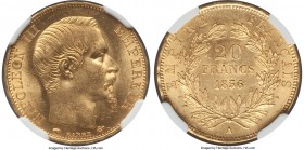 Napoleon III gold 20 Francs 1856-A MS64+ NGC, Paris mint, KM781.1. Very nearly in many respects, and highly covetable as such, the surfaces silky with...