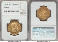 Napoleon III gold 50 Francs 1855-A MS64 NGC, Paris mint, KM785.1, Fr-569. A noticeably clean near-gem that leaves surprisingly little wanting from the...