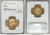 Napoleon III gold 50 Francs 1857-A MS64 NGC, Paris mint, KM785.1.

HID99912102018
