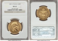 Napoleon III gold 50 Francs 1857-A MS63 NGC, Paris mint, KM785.1. An alluring piece with bright golden luster and well-struck details, with fields and...