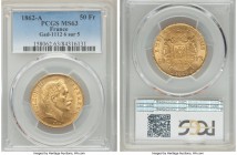 Napoleon III gold 50 Francs 1862/5-A MS63 PCGS, Paris mint, KM804.1, Gad-1112. With 6 struck over 5 in the date.

HID99912102018