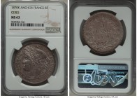 Republic 5 Francs 1870 K-M/star MS63 NGC, Bordeaux mint, KM818.2. A mottled slate-gray, graphite tone subtle mutes the coin's natural luster, which re...